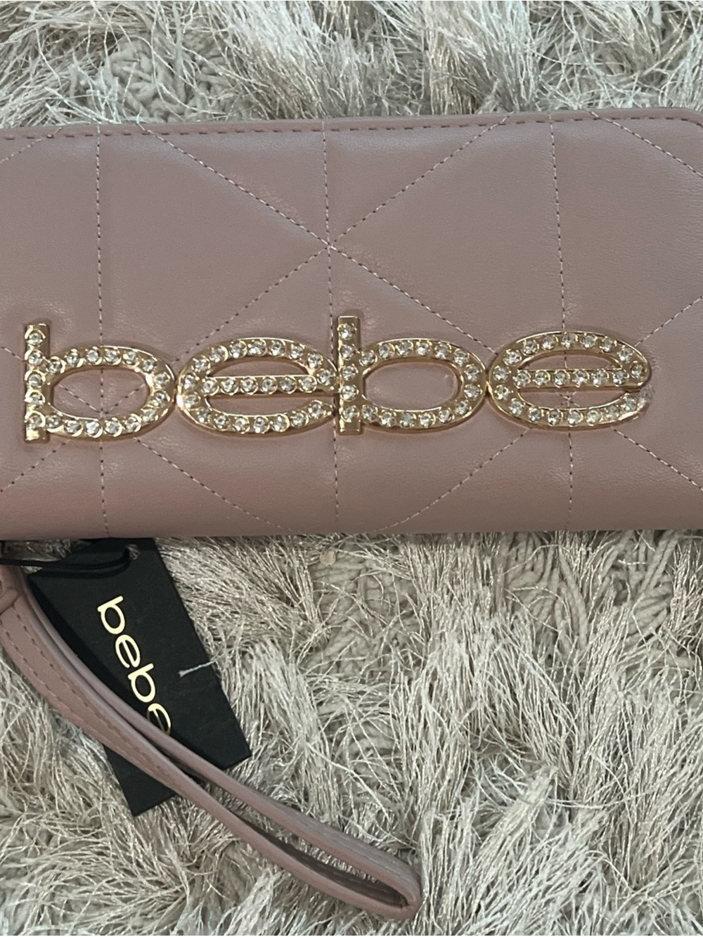 bebe Quilted Light Blush Zip Wallet with Crystal Logo